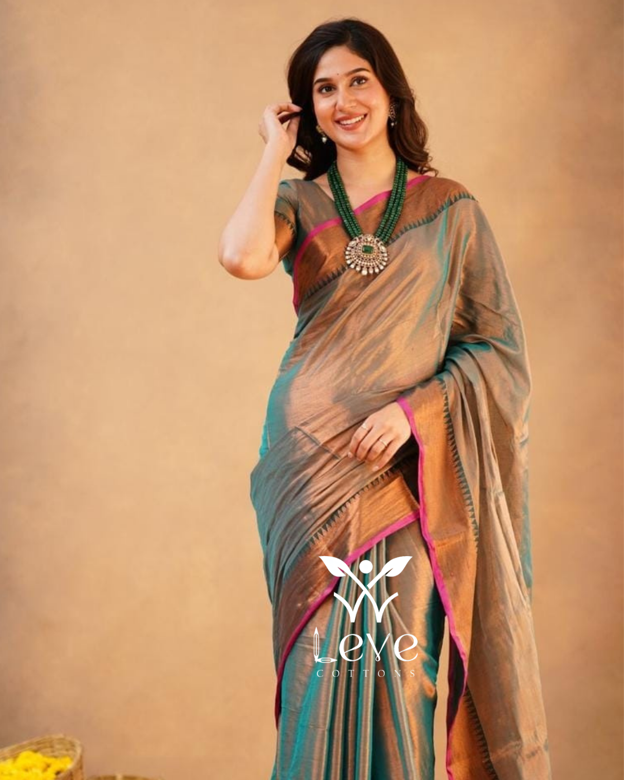 Teal & Bronze Soft Cotton Saree