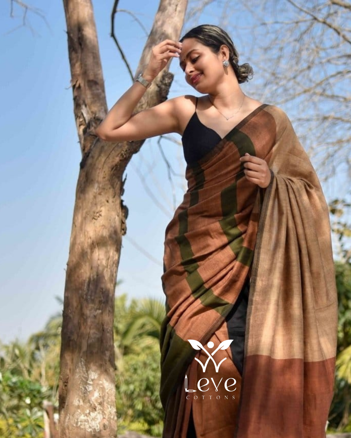 Orange And Black Striped Cotton Saree