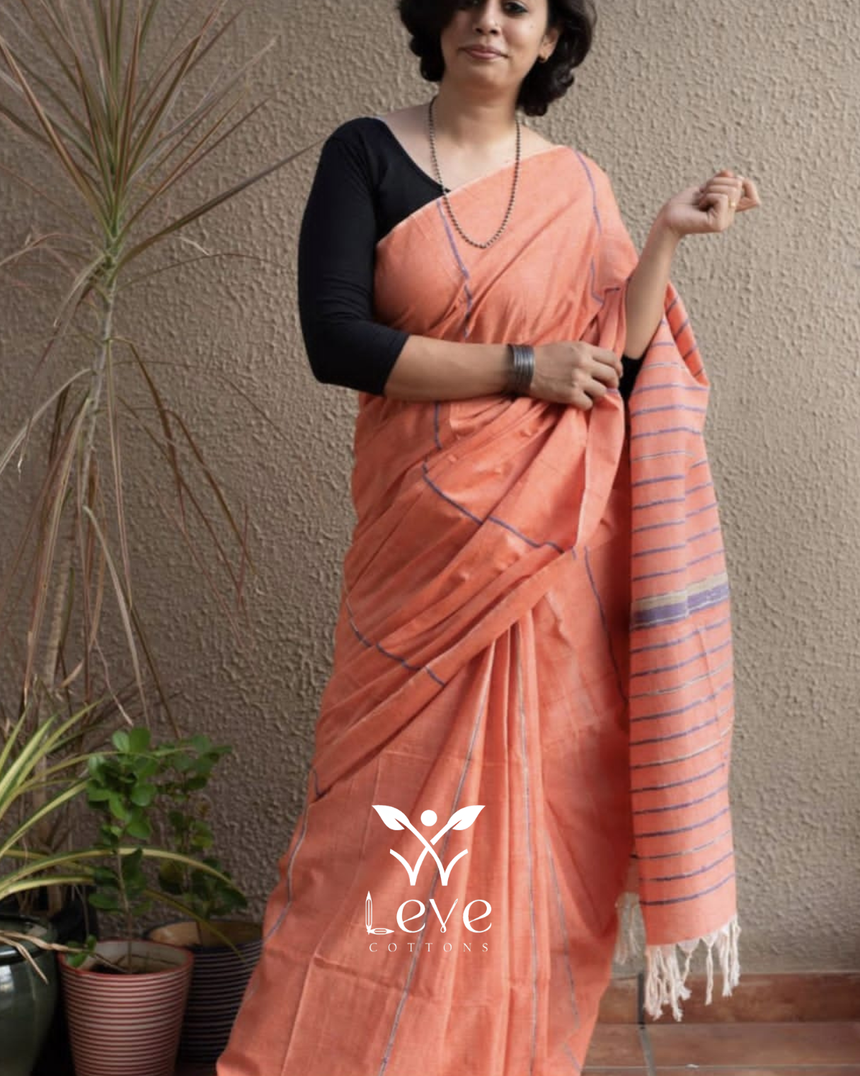 Peach Cotton Saree with Blue Line Checks